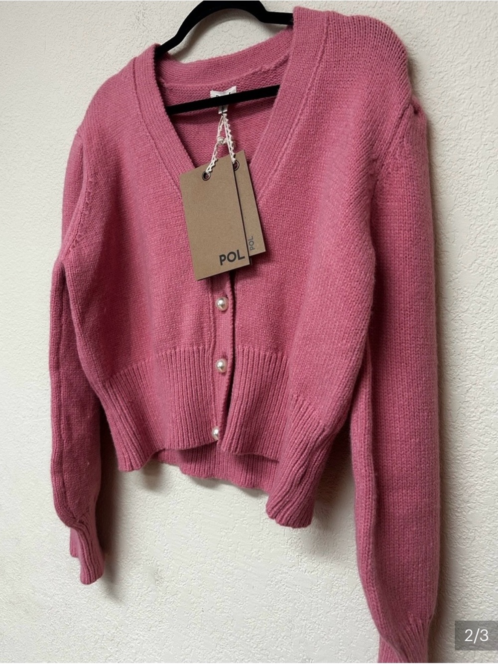 POL Rose Pink V-Neck Pearl-Button Cropped Cardigan - Picture 3 of 3